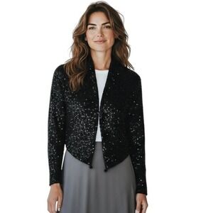 Massimo Dutti Studio Black Sequin Knit Cropped Cardigan Bolero Jacket Women's XS